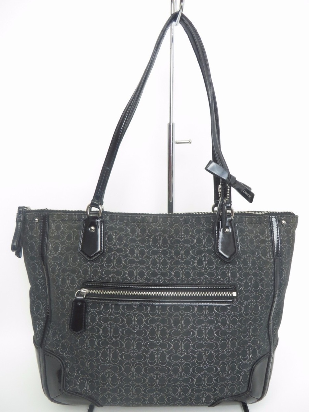 Coach Poppy Signature C Metallic Jacquard Tote Black Charcoal Patent Trim Y2K